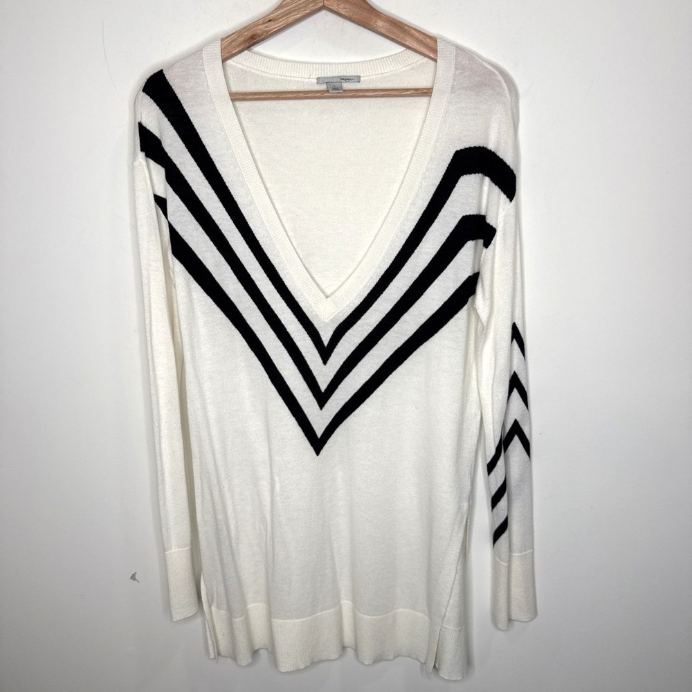 Halogen Cashmere Blend Deep V Neck Sweater Tunic Women's S Ivory‎ Stripe Quiet